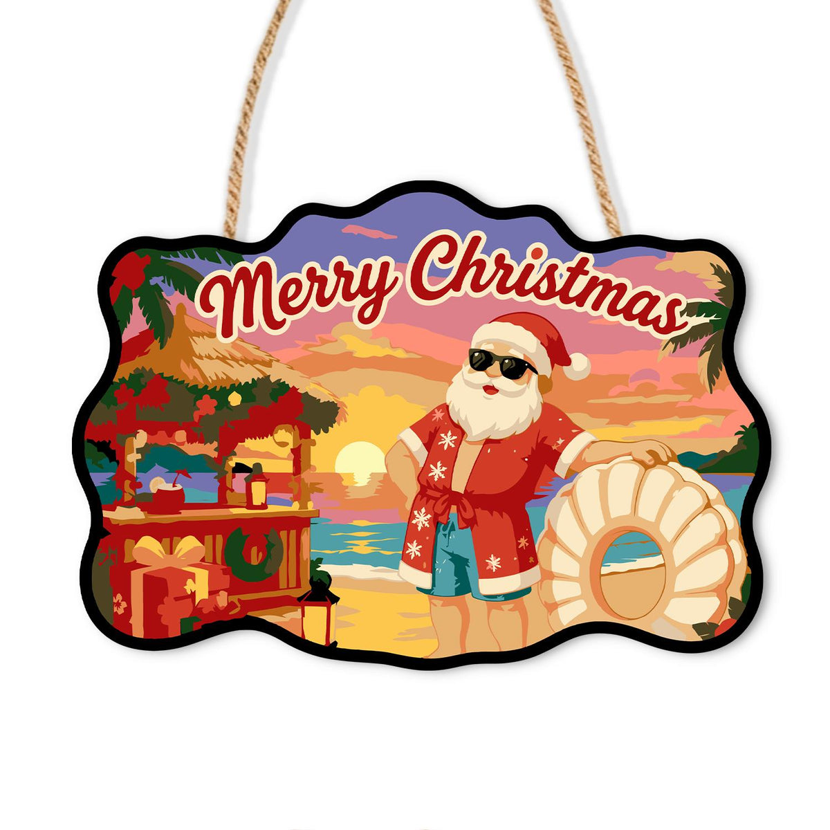 Hawaiian Shirt Santa at Dusk paint by numbers hanging sign – Santa in a red Hawaiian shirt and sunglasses on a beach at sunset beside a tiki hut and a large seashell, on a wooden sign with a rope hanger