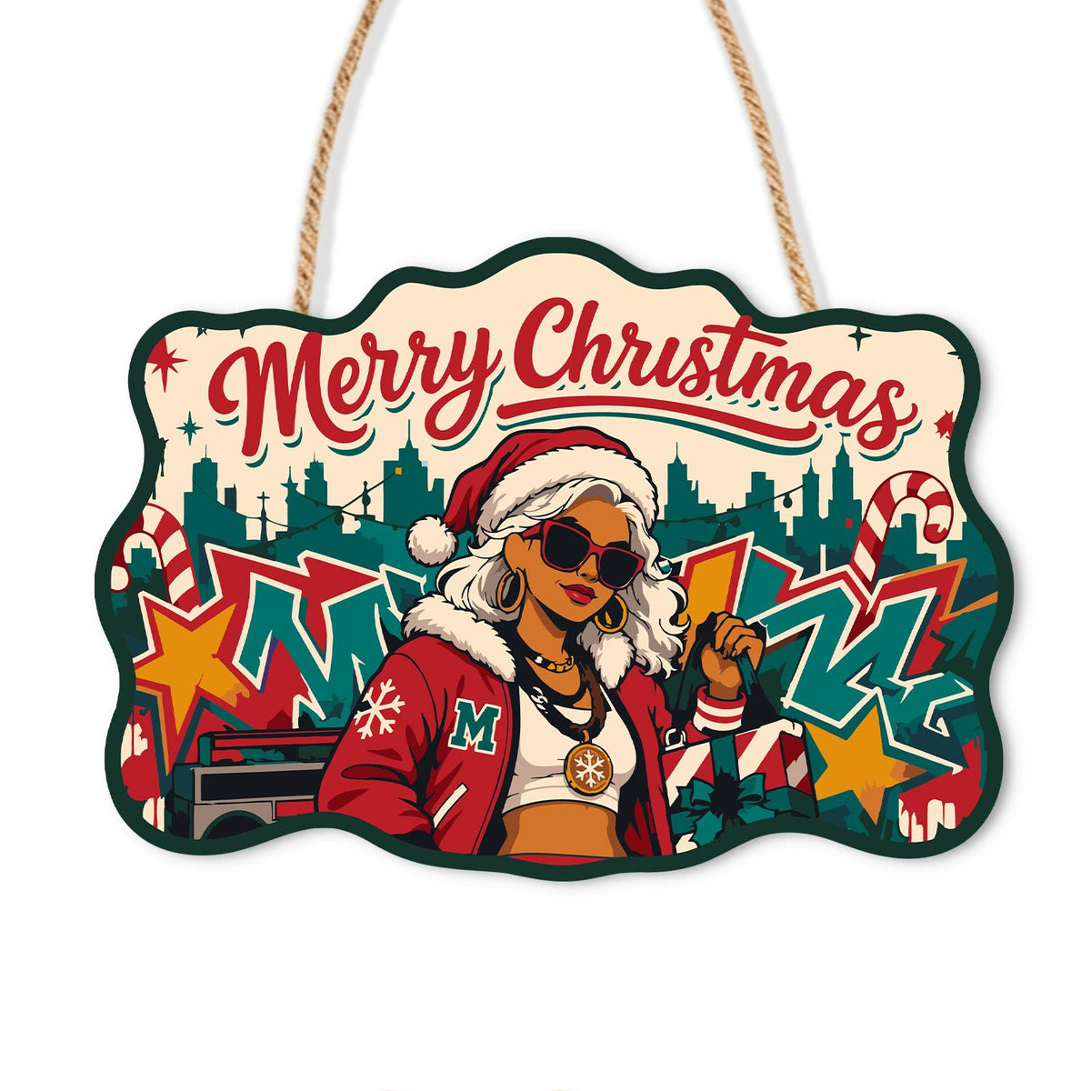 Graffiti Santa Hat Diva paint by numbers hanging sign – Woman in a Santa hat, sunglasses and red varsity jacket with gold chains before graffiti, a boombox and skyline, on a wooden sign with a rope hanger