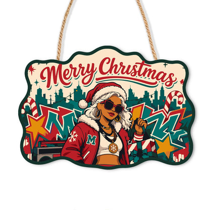 Graffiti Santa Hat Diva paint by numbers hanging sign – Woman in a Santa hat, sunglasses and red varsity jacket with gold chains before graffiti, a boombox and skyline, on a wooden sign with a rope hanger