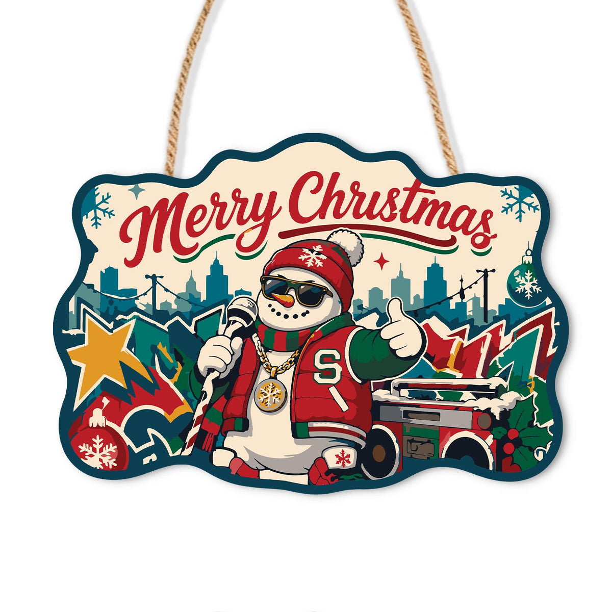 Varsity Jacket Snowman MC paint by numbers hanging sign – Snowman in a beanie, sunglasses and red varsity jacket rapping into a microphone beside a boombox and graffiti, on a wooden sign with a rope hanger