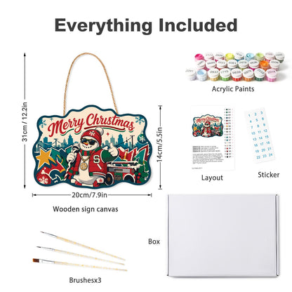 Varsity Jacket Snowman MC paint by numbers hanging sign – what's in the kit: the wooden sign, rope hanger, numbered paints and brushes