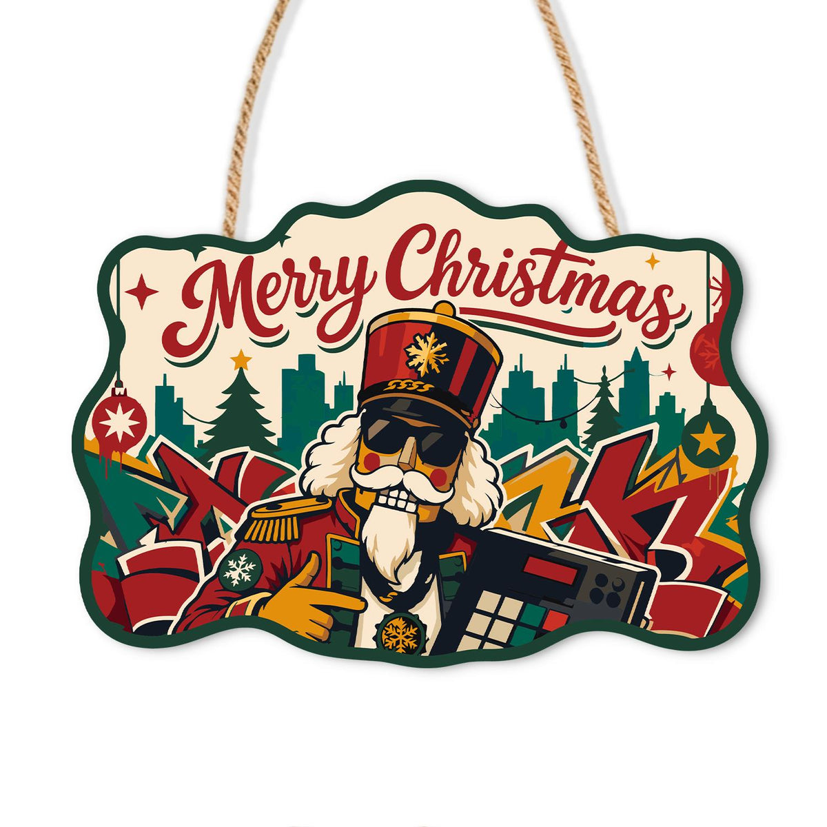 Nutcracker on the Turntables paint by numbers hanging sign – Nutcracker in a tall red hat and sunglasses at DJ equipment in front of graffiti and a city skyline, on a wooden sign with a rope hanger