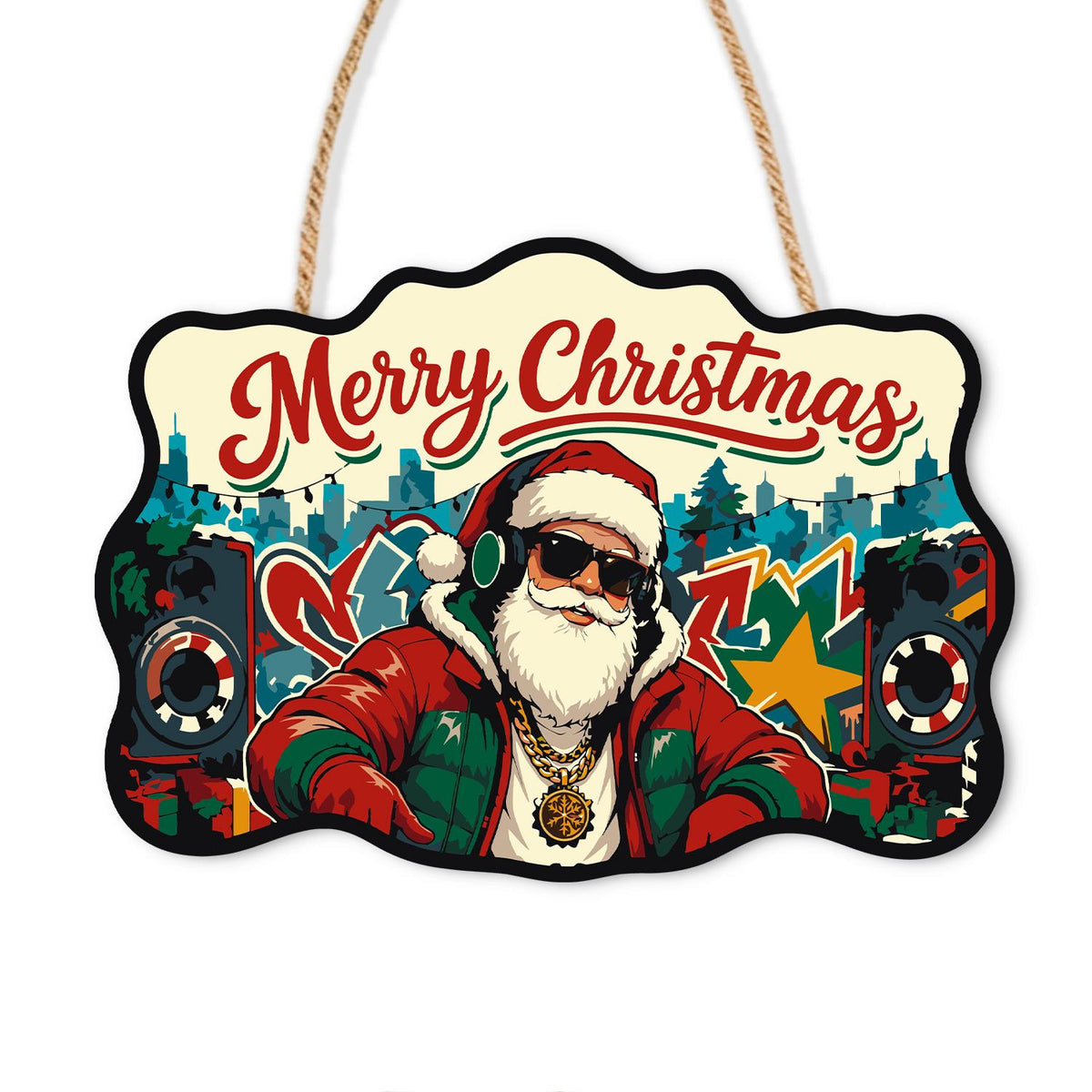 Headphone Santa on the Decks paint by numbers hanging sign – Santa in headphones, sunglasses and a gold chain flanked by big speakers in front of graffiti and a skyline, on a wooden sign with a rope hanger
