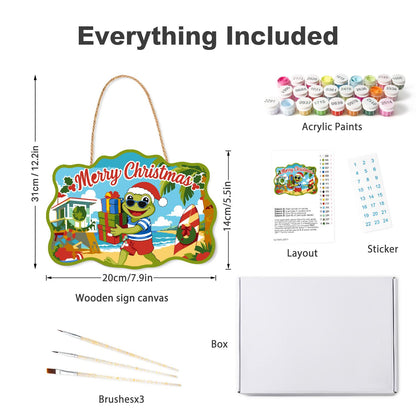 Beach Frog with Stacked Gifts paint by numbers hanging sign – what's in the kit: the wooden sign, rope hanger, numbered paints and brushes