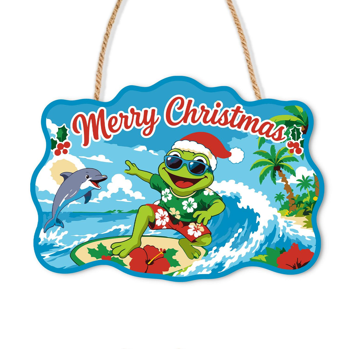 Surfing Frog and Leaping Dolphin paint by numbers hanging sign – Frog in a Santa hat and sunglasses surfing a big wave while a dolphin leaps beside palm trees, on a wooden sign with a rope hanger