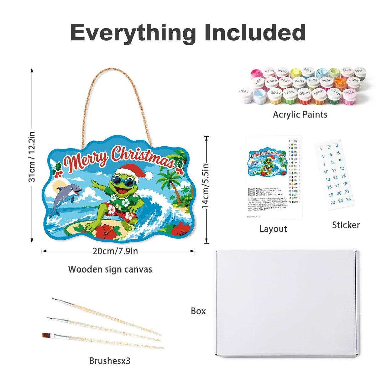 Surfing Frog and Leaping Dolphin paint by numbers hanging sign – what's in the kit: the wooden sign, rope hanger, numbered paints and brushes