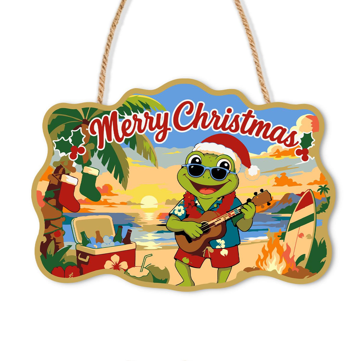 Bonfire Beach Frog Serenade paint by numbers hanging sign – Frog in a Santa hat and sunglasses playing a ukulele on a beach at sunset beside a bonfire and a surfboard, on a wooden sign with a rope hanger