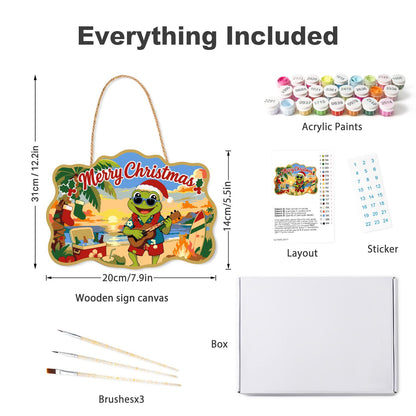 Bonfire Beach Frog Serenade paint by numbers hanging sign – what's in the kit: the wooden sign, rope hanger, numbered paints and brushes