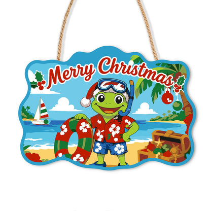 Snorkel Mask Frog with Treasure paint by numbers hanging sign – Frog in a snorkel mask and Hawaiian shirt holding a swim ring on a beach beside a treasure chest and sailboat, on a wooden sign with a rope hanger