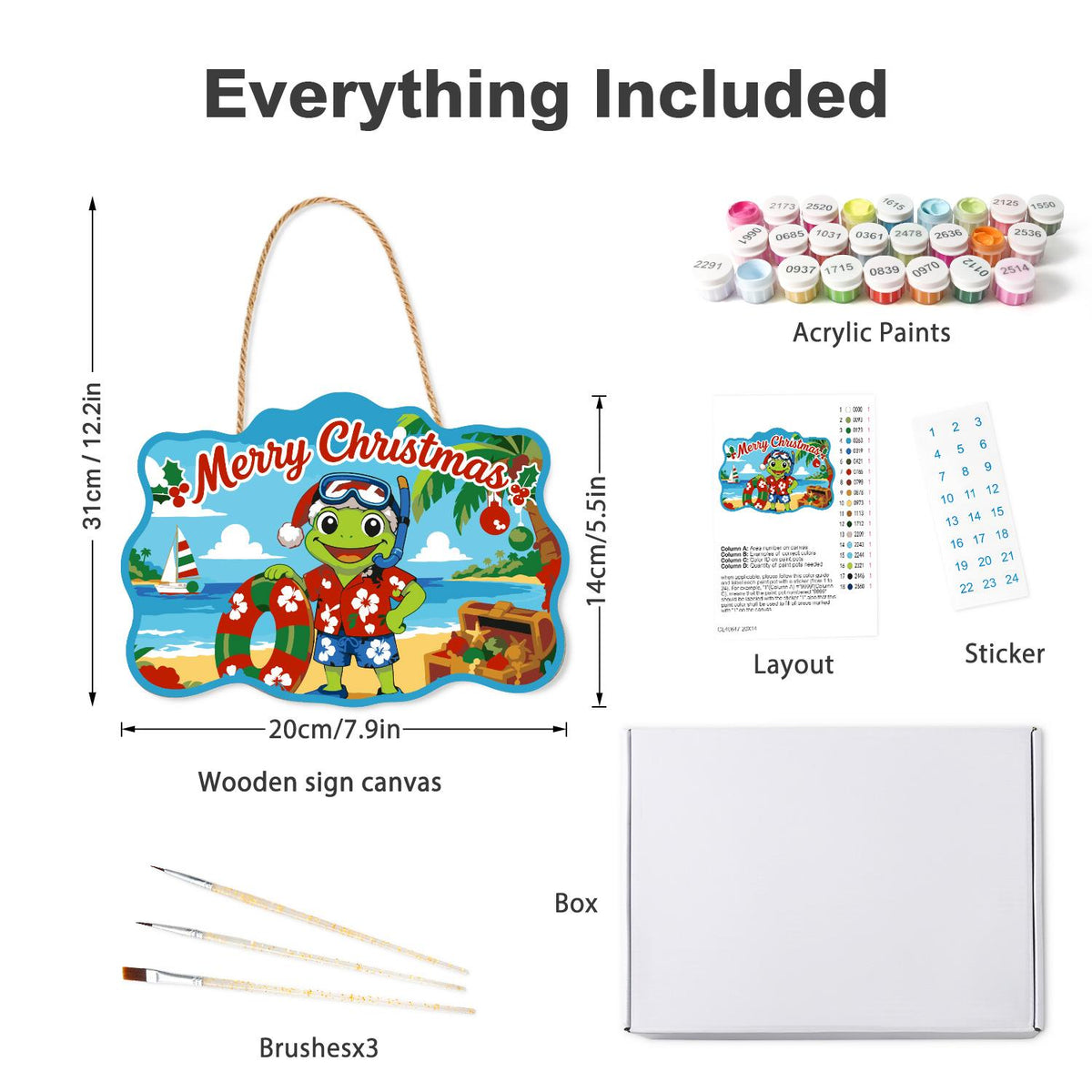 Snorkel Mask Frog with Treasure paint by numbers hanging sign – what's in the kit: the wooden sign, rope hanger, numbered paints and brushes