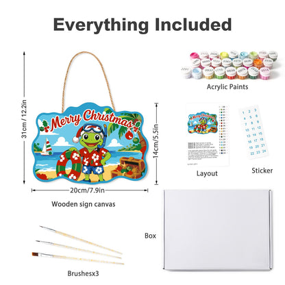 Snorkel Mask Frog with Treasure paint by numbers hanging sign – what's in the kit: the wooden sign, rope hanger, numbered paints and brushes