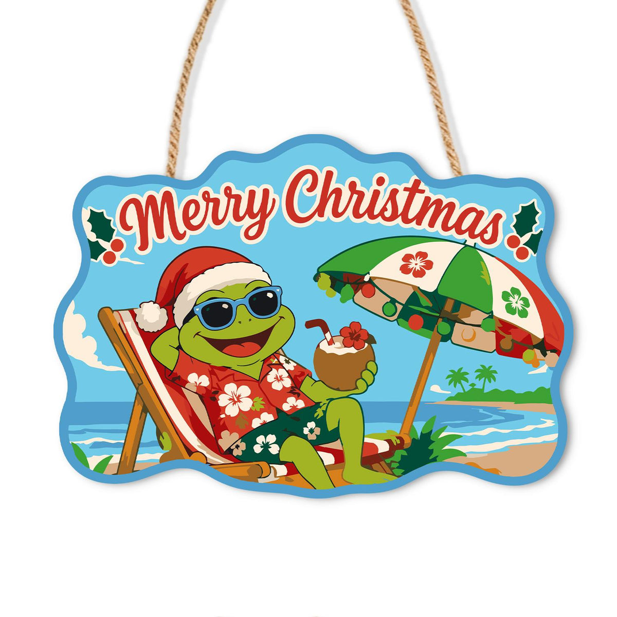 Deck Chair Frog with Coconut paint by numbers hanging sign – Frog in a Santa hat and sunglasses lounging in a deck chair with a coconut drink under a beach umbrella, on a wooden sign with a rope hanger