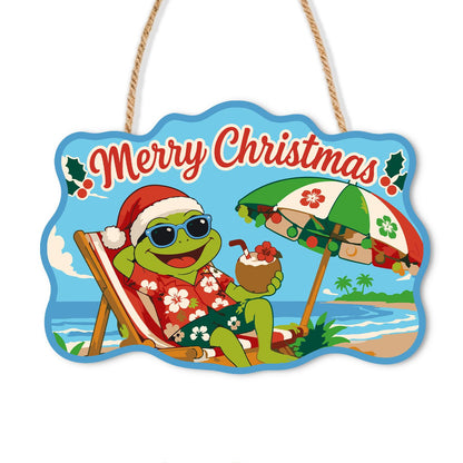 Deck Chair Frog with Coconut paint by numbers hanging sign – Frog in a Santa hat and sunglasses lounging in a deck chair with a coconut drink under a beach umbrella, on a wooden sign with a rope hanger