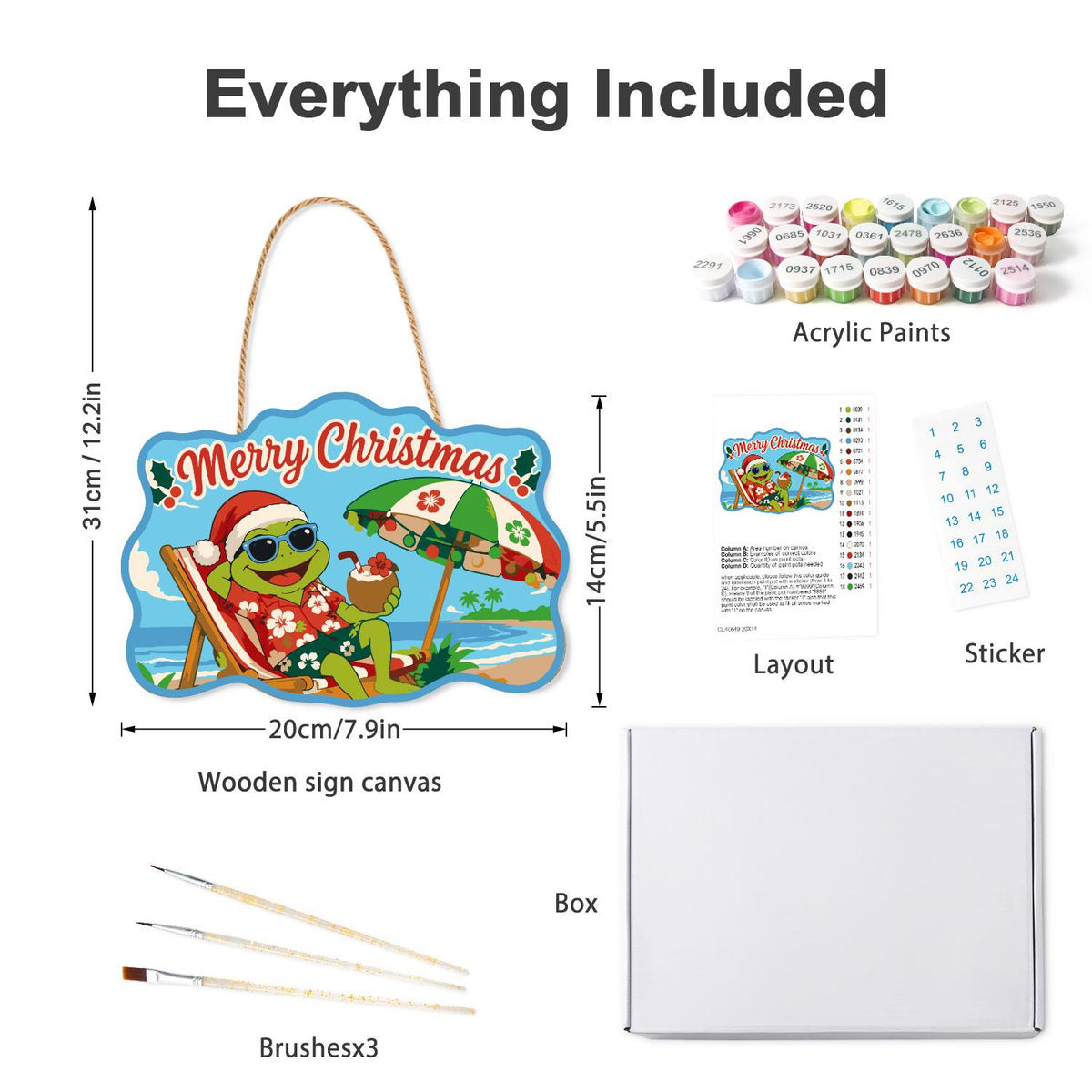 Deck Chair Frog with Coconut paint by numbers hanging sign – what's in the kit: the wooden sign, rope hanger, numbered paints and brushes
