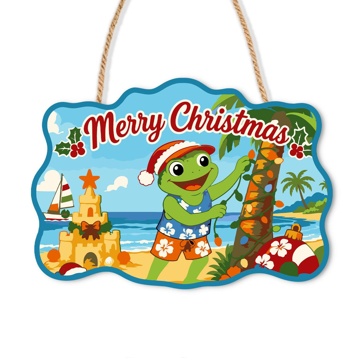 Frog Stringing Palm Lights paint by numbers hanging sign – Frog in a Santa hat and swim trunks decorating a palm tree with lights beside a sandcastle and sailboat, on a wooden sign with a rope hanger