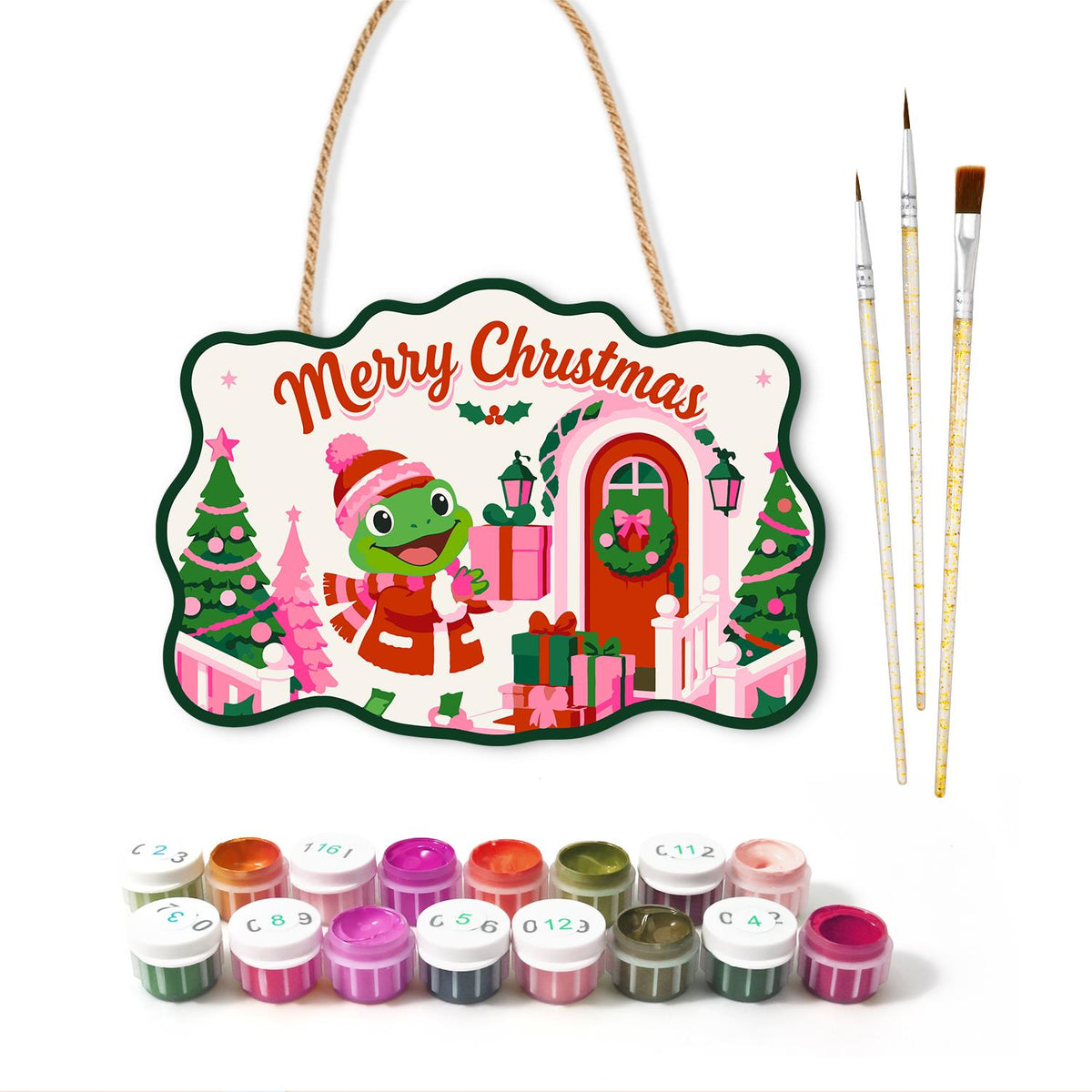 Pink Cottage Frog with a Gift paint by numbers hanging sign – image 2