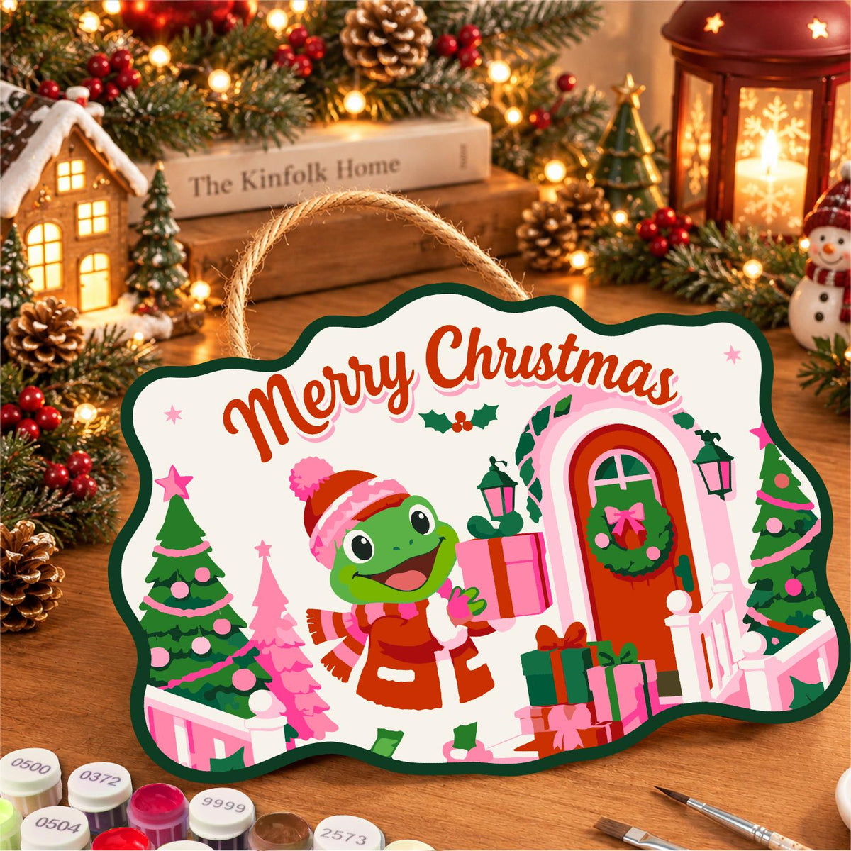 Pink Cottage Frog with a Gift paint by numbers hanging sign – image 8