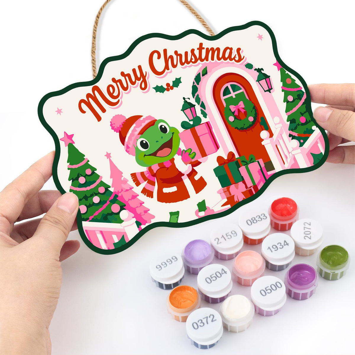 Pink Cottage Frog with a Gift paint by numbers hanging sign – image 9