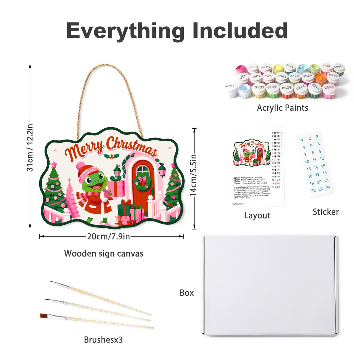 Pink Cottage Frog with a Gift paint by numbers hanging sign – what's in the kit: the wooden sign, rope hanger, numbered paints and brushes