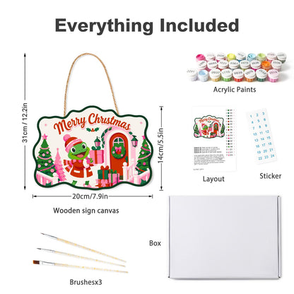 Pink Cottage Frog with a Gift paint by numbers hanging sign – what's in the kit: the wooden sign, rope hanger, numbered paints and brushes