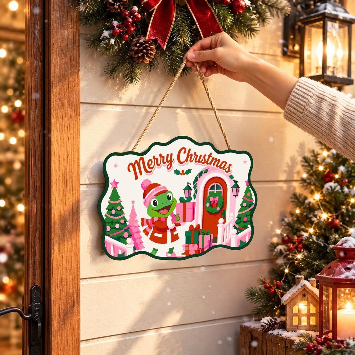 Pink Cottage Frog with a Gift paint by numbers hanging sign – image 14