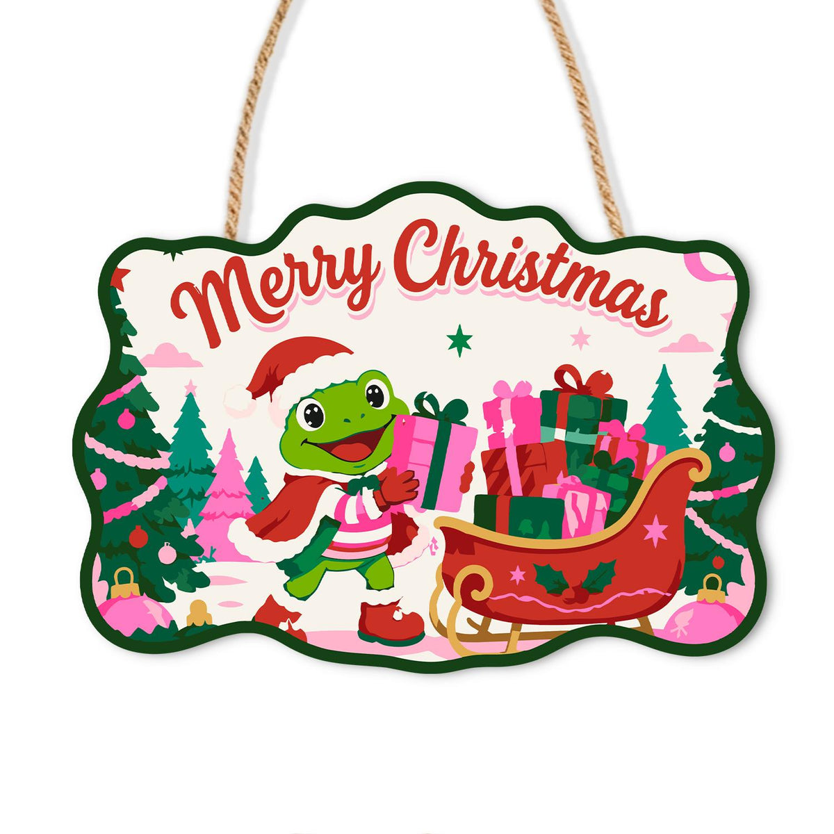 Pink Forest Sleigh Frog paint by numbers hanging sign – Frog in a Santa hat and red scarf loading pink and green gifts into a red sleigh among pink and green trees, on a wooden sign with a rope hanger