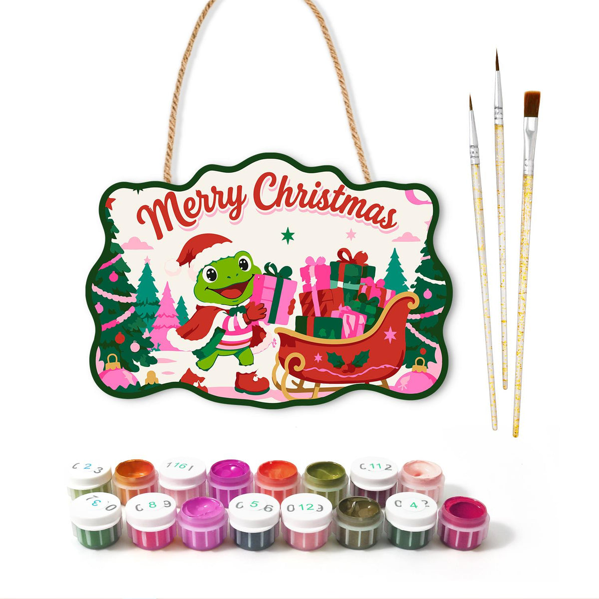 Pink Forest Sleigh Frog paint by numbers hanging sign – image 2