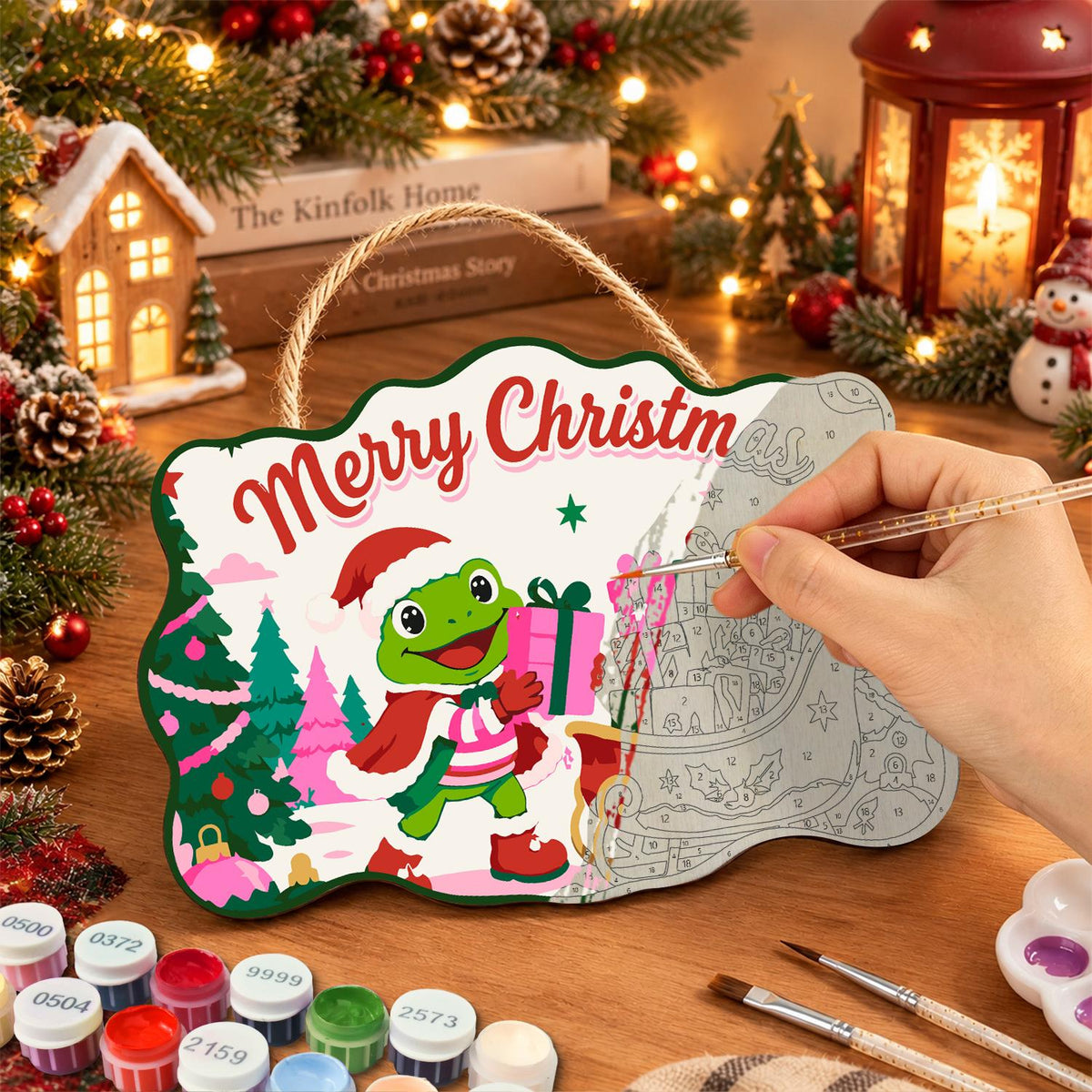 Pink Forest Sleigh Frog paint by numbers hanging sign – image 7