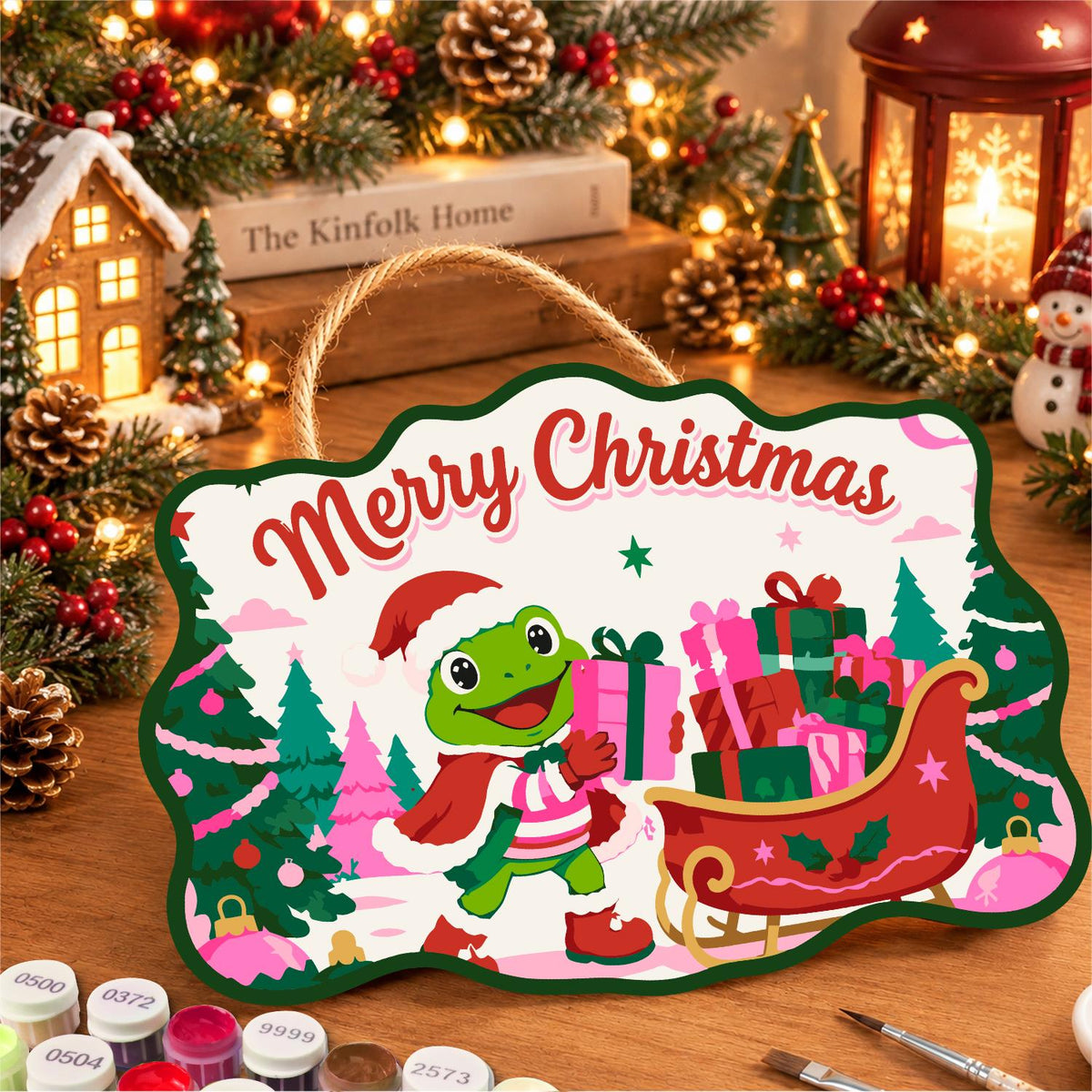 Pink Forest Sleigh Frog paint by numbers hanging sign – image 8