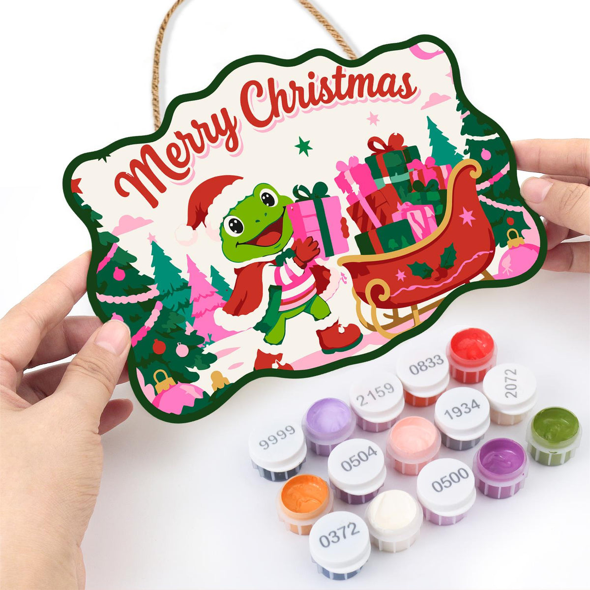 Pink Forest Sleigh Frog paint by numbers hanging sign – image 9