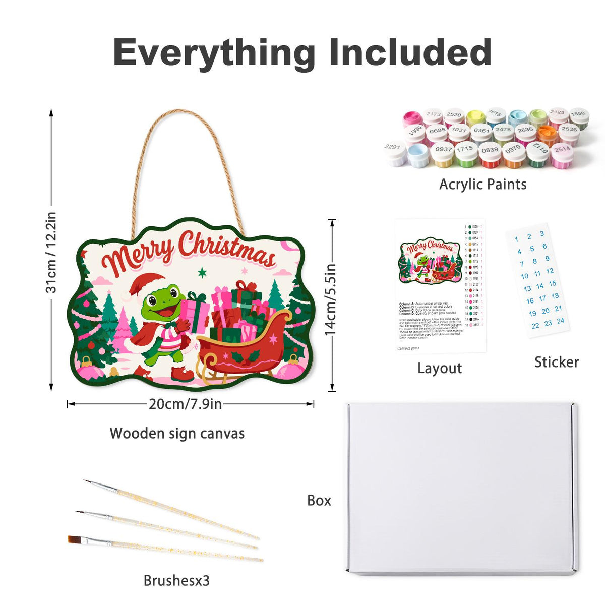 Pink Forest Sleigh Frog paint by numbers hanging sign – what's in the kit: the wooden sign, rope hanger, numbered paints and brushes