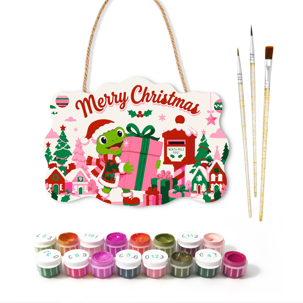 Frog Hauling a Big Pink Present paint by numbers hanging sign – image 2