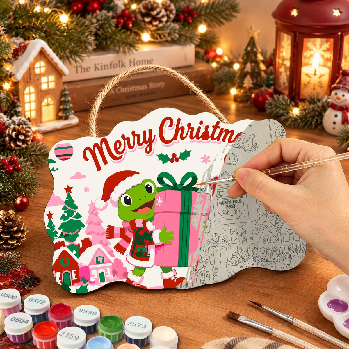 Frog Hauling a Big Pink Present paint by numbers hanging sign – image 7