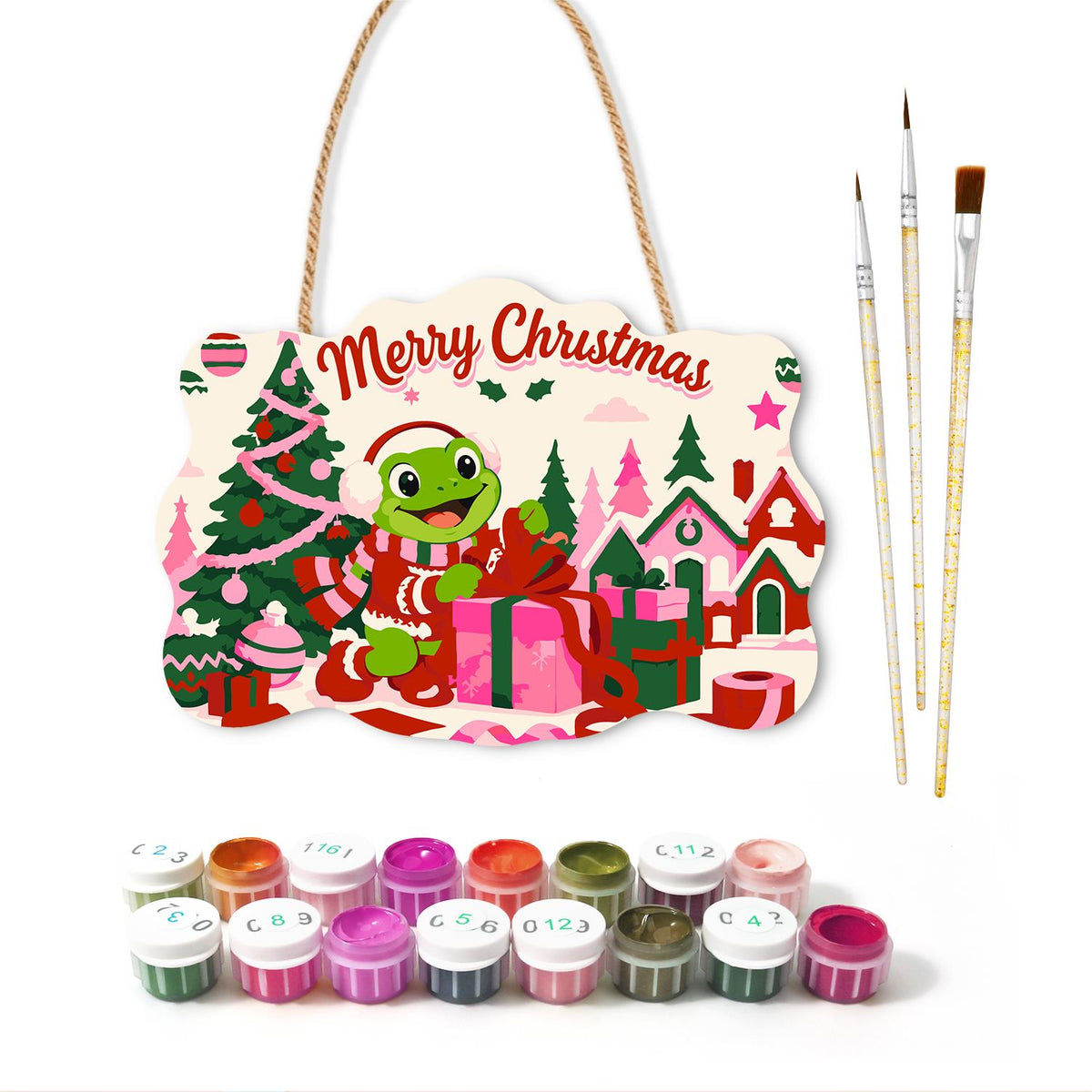 Gift-Wrapping Frog by the Tree paint by numbers hanging sign – image 2