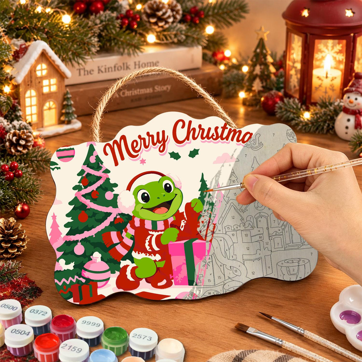 Gift-Wrapping Frog by the Tree paint by numbers hanging sign – image 7