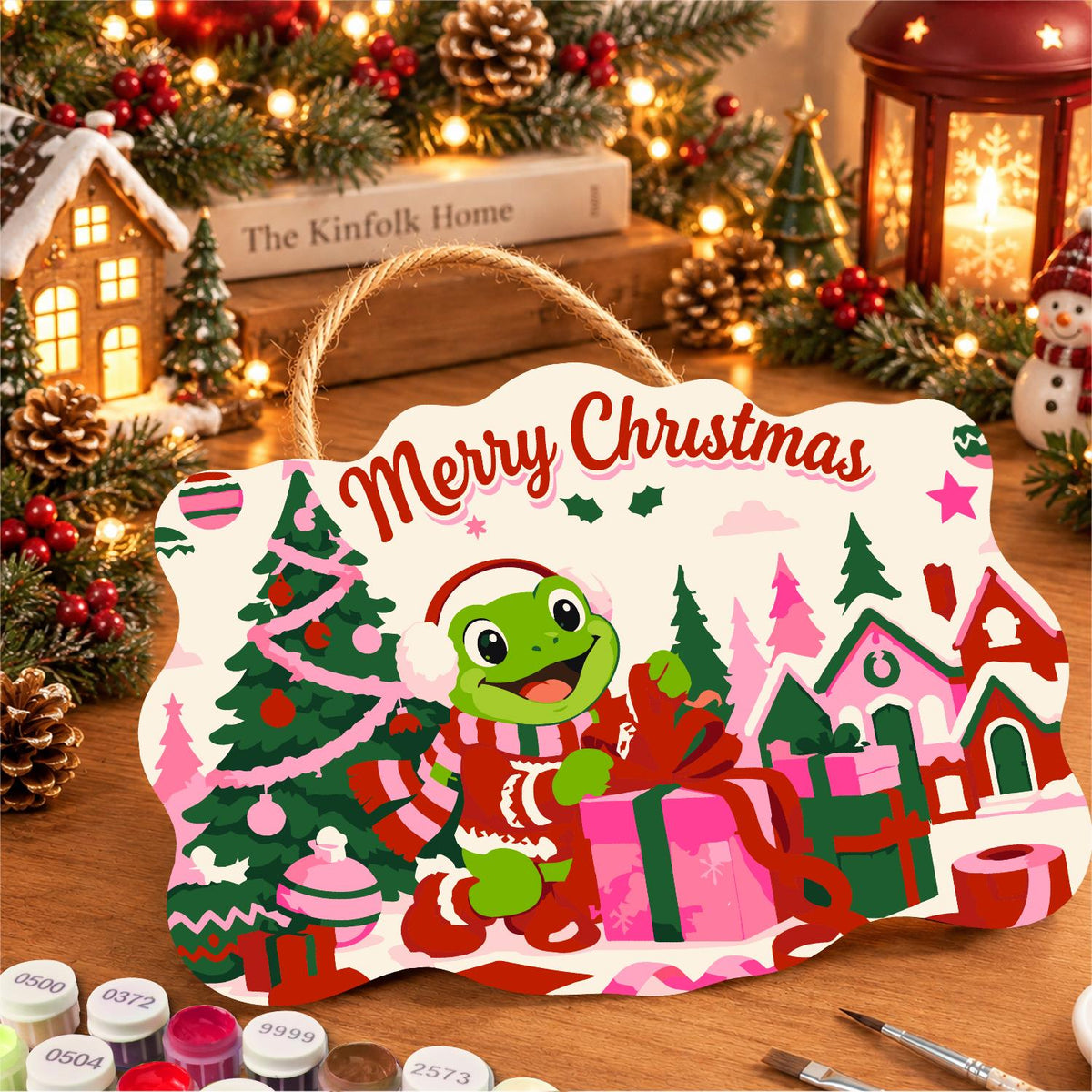 Gift-Wrapping Frog by the Tree paint by numbers hanging sign – image 8