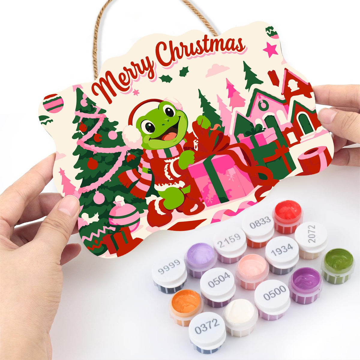 Gift-Wrapping Frog by the Tree paint by numbers hanging sign – image 9