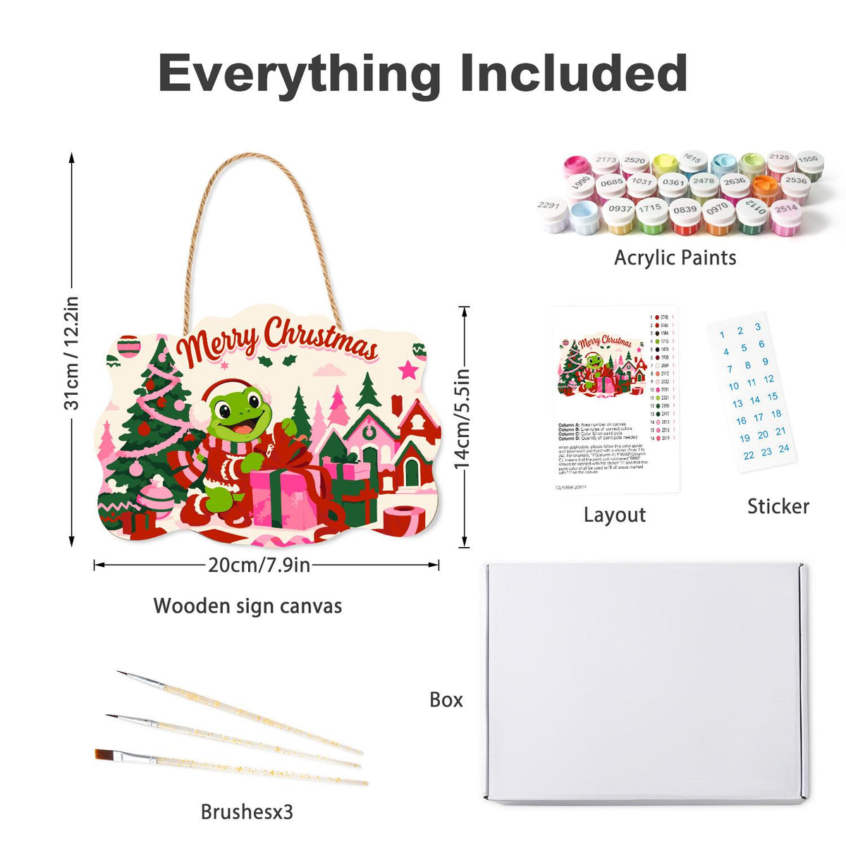 Gift-Wrapping Frog by the Tree paint by numbers hanging sign – what's in the kit: the wooden sign, rope hanger, numbered paints and brushes