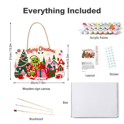 Gift-Wrapping Frog by the Tree paint by numbers hanging sign – what's in the kit: the wooden sign, rope hanger, numbered paints and brushes