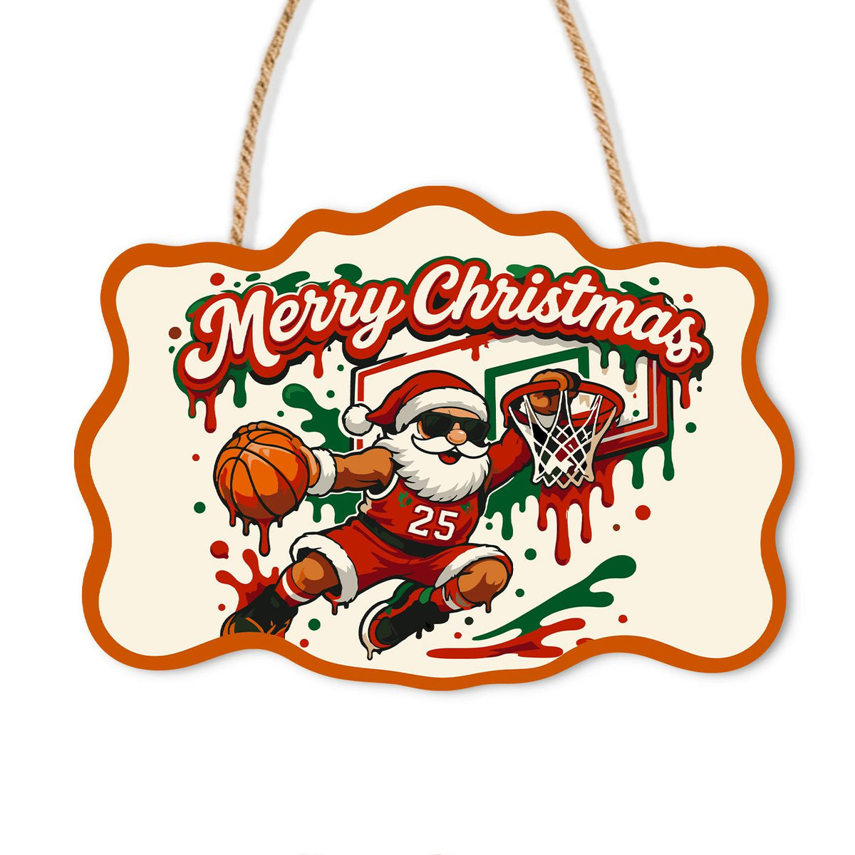 Slam Dunk Santa paint by numbers hanging sign – Santa in sunglasses and a red jersey leaping to dunk a basketball through a hoop, on a wooden sign with a rope hanger