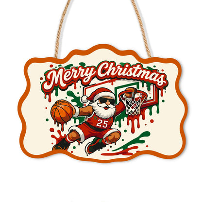 Slam Dunk Santa paint by numbers hanging sign – Santa in sunglasses and a red jersey leaping to dunk a basketball through a hoop, on a wooden sign with a rope hanger