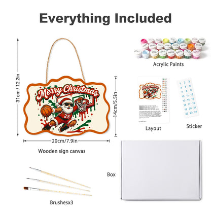 Slam Dunk Santa paint by numbers hanging sign – what's in the kit: the wooden sign, rope hanger, numbered paints and brushes
