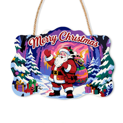 Waving Santa in the Aurora Forest paint by numbers hanging sign – Santa waving with a large gift sack in a snowy pine forest under a glowing purple and pink sky, on a wooden sign with a rope hanger