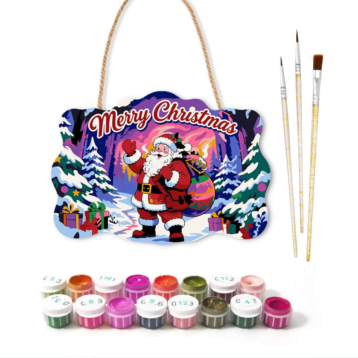 Waving Santa in the Aurora Forest paint by numbers hanging sign – image 2