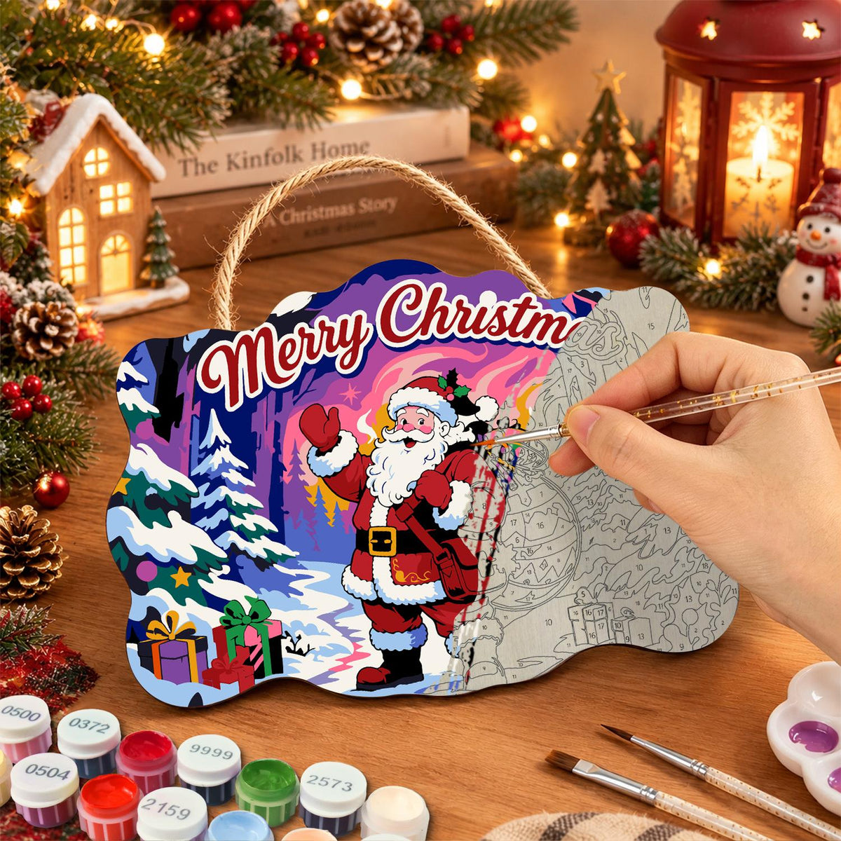 Waving Santa in the Aurora Forest paint by numbers hanging sign – image 7