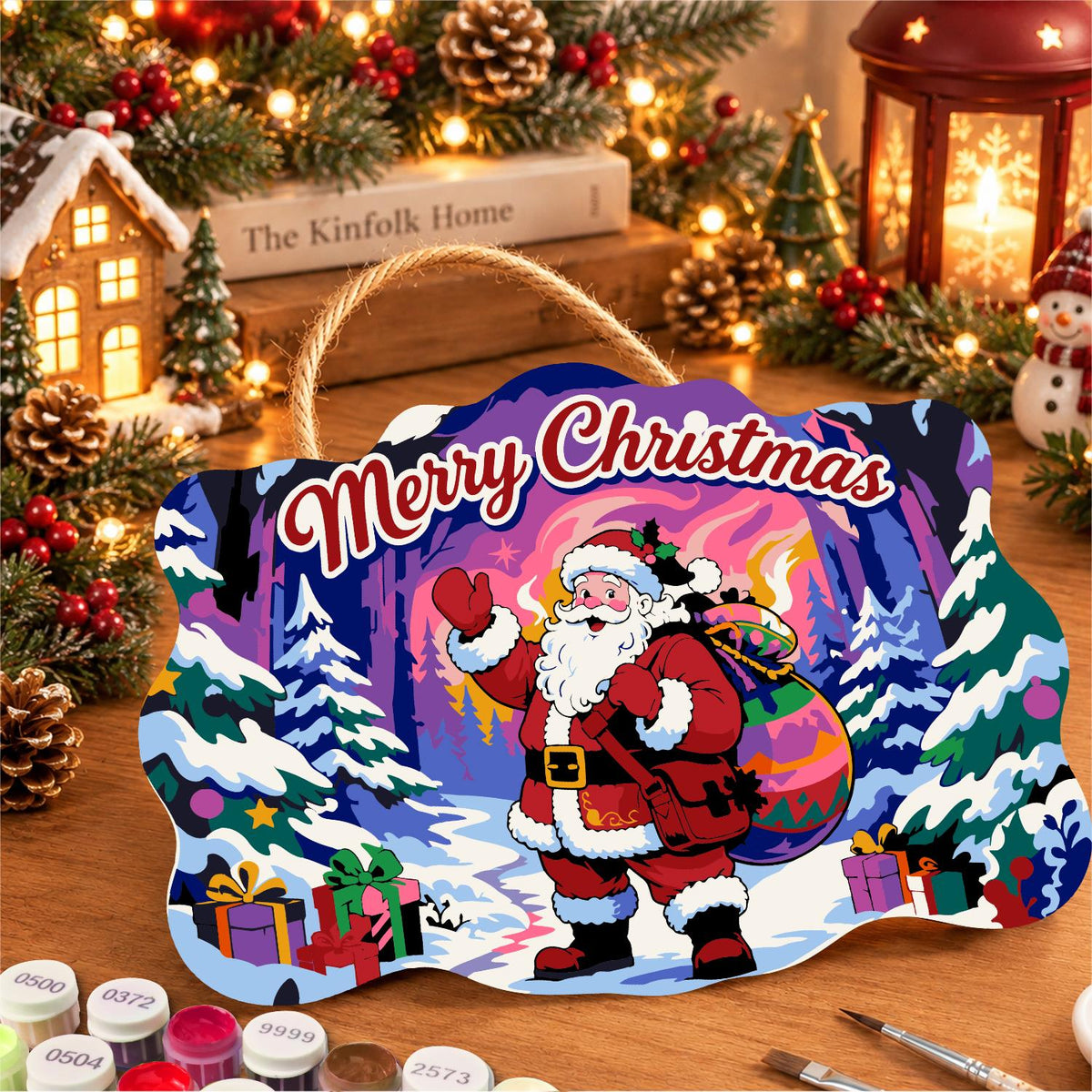 Waving Santa in the Aurora Forest paint by numbers hanging sign – image 8
