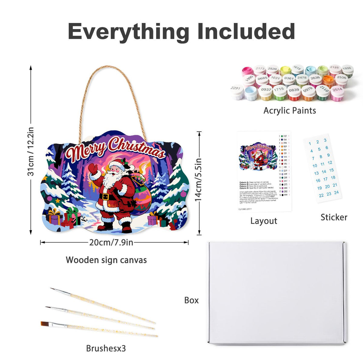 Waving Santa in the Aurora Forest paint by numbers hanging sign – what's in the kit: the wooden sign, rope hanger, numbered paints and brushes