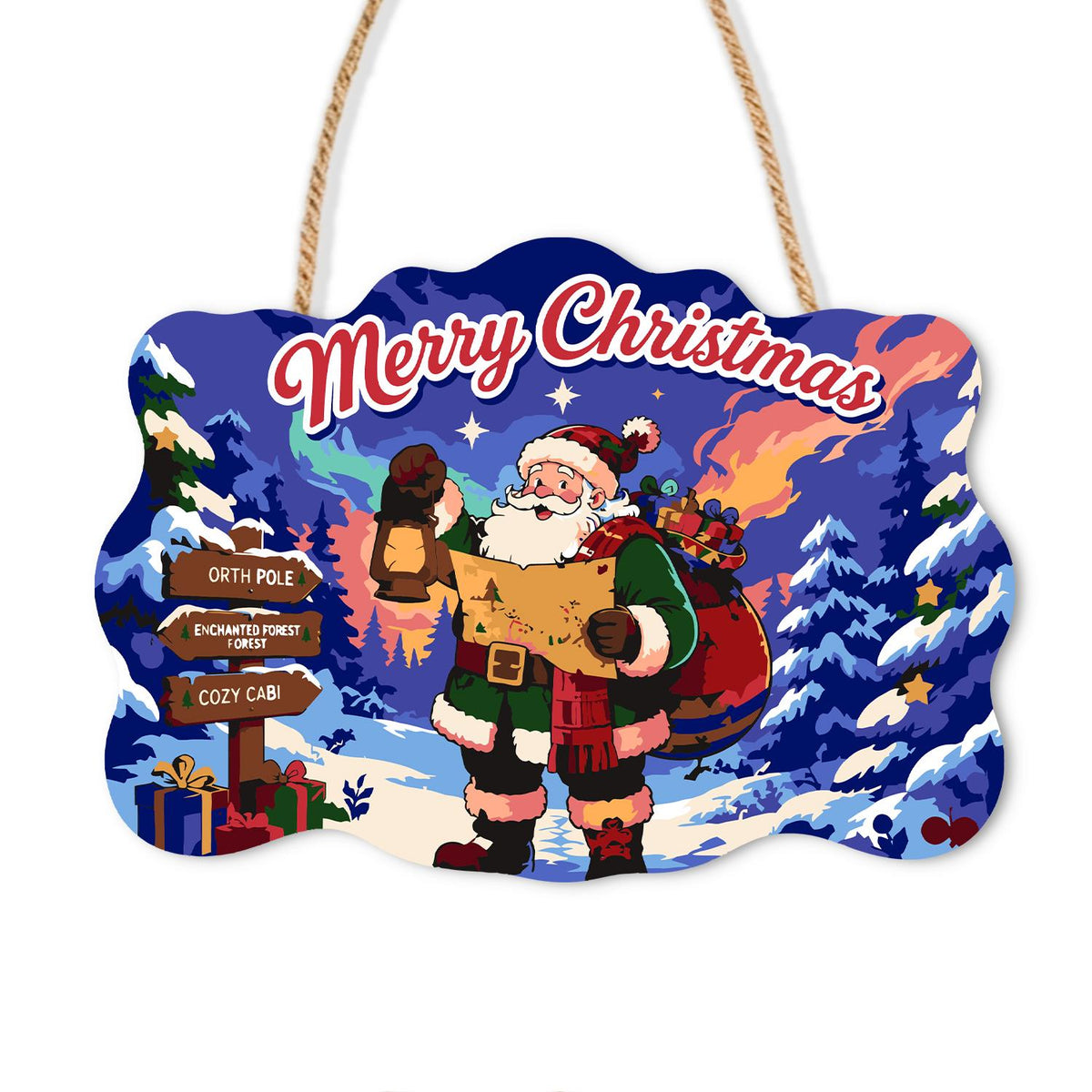 Map-Reading Santa with Lantern paint by numbers hanging sign – Santa holding a lantern and reading a map beside a signpost in a snowy forest under a fiery sky, on a wooden sign with a rope hanger