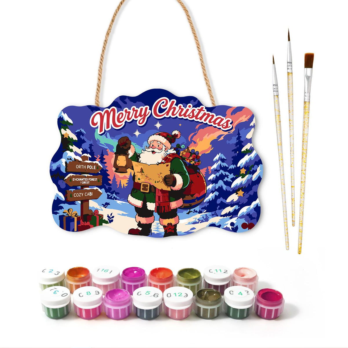 Map-Reading Santa with Lantern paint by numbers hanging sign – image 2
