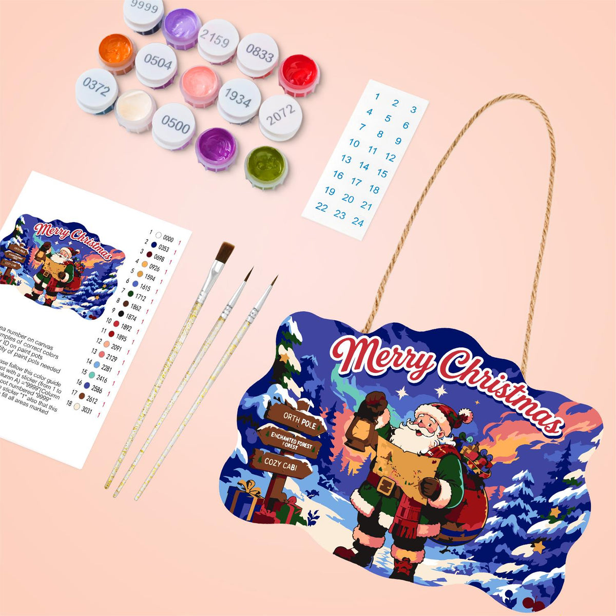 Map-Reading Santa with Lantern paint by numbers hanging sign – image 4